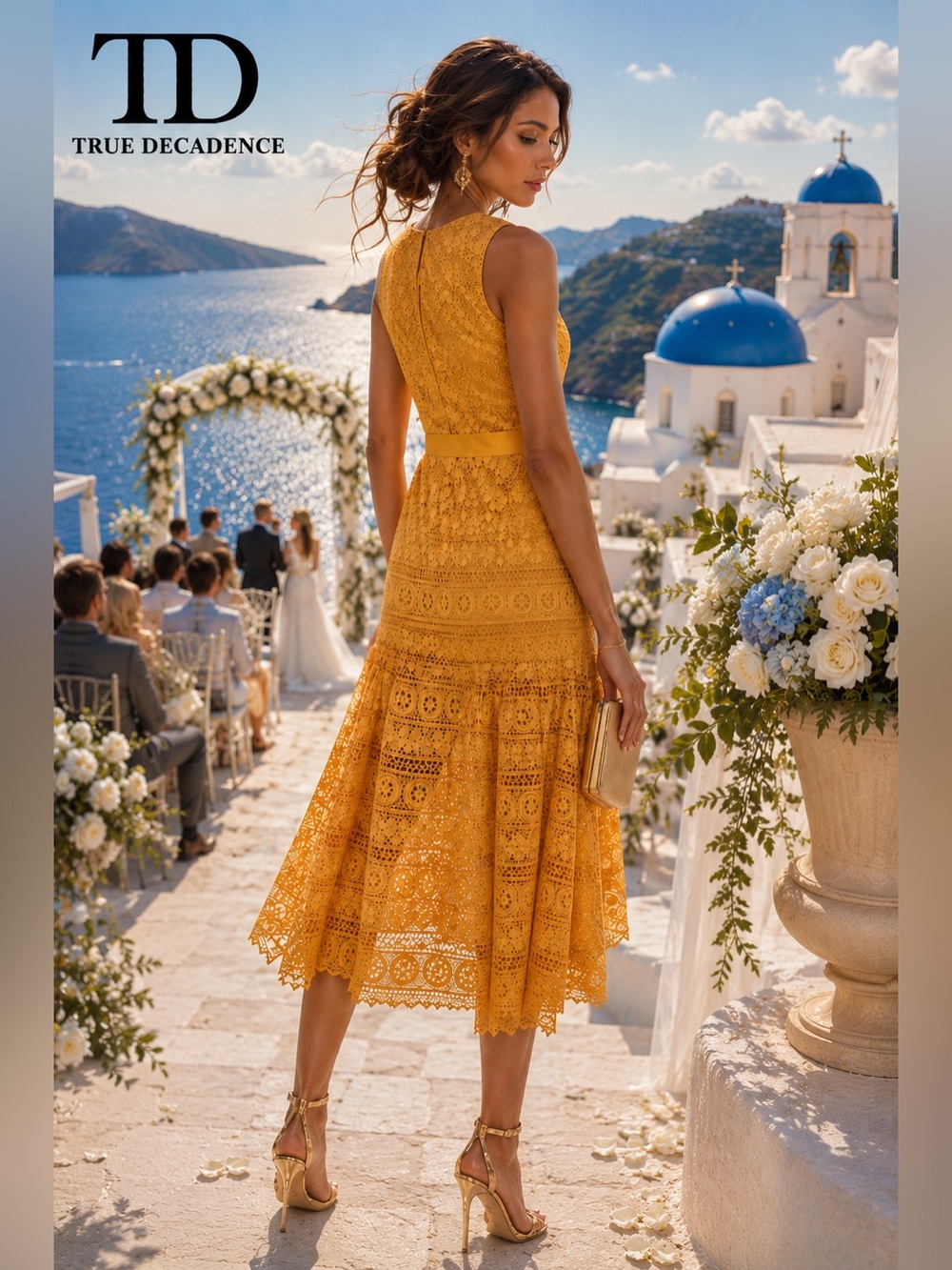 True Decadence Marigold Guipure Lace Midi Dress Wedding Guest Cocktail,Size 6